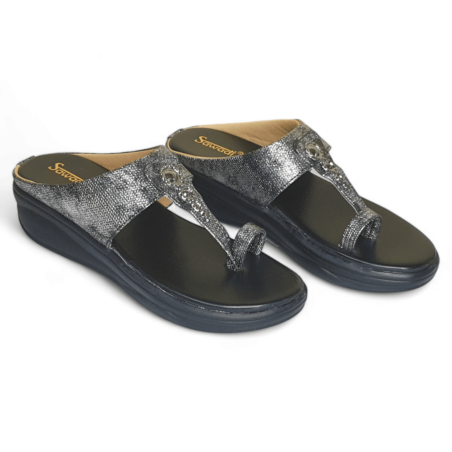 Sawadi Women’s Black Shimmer Wedge Sandals | Stylish Toe-Ring Slip-On for Daily & Party Wear