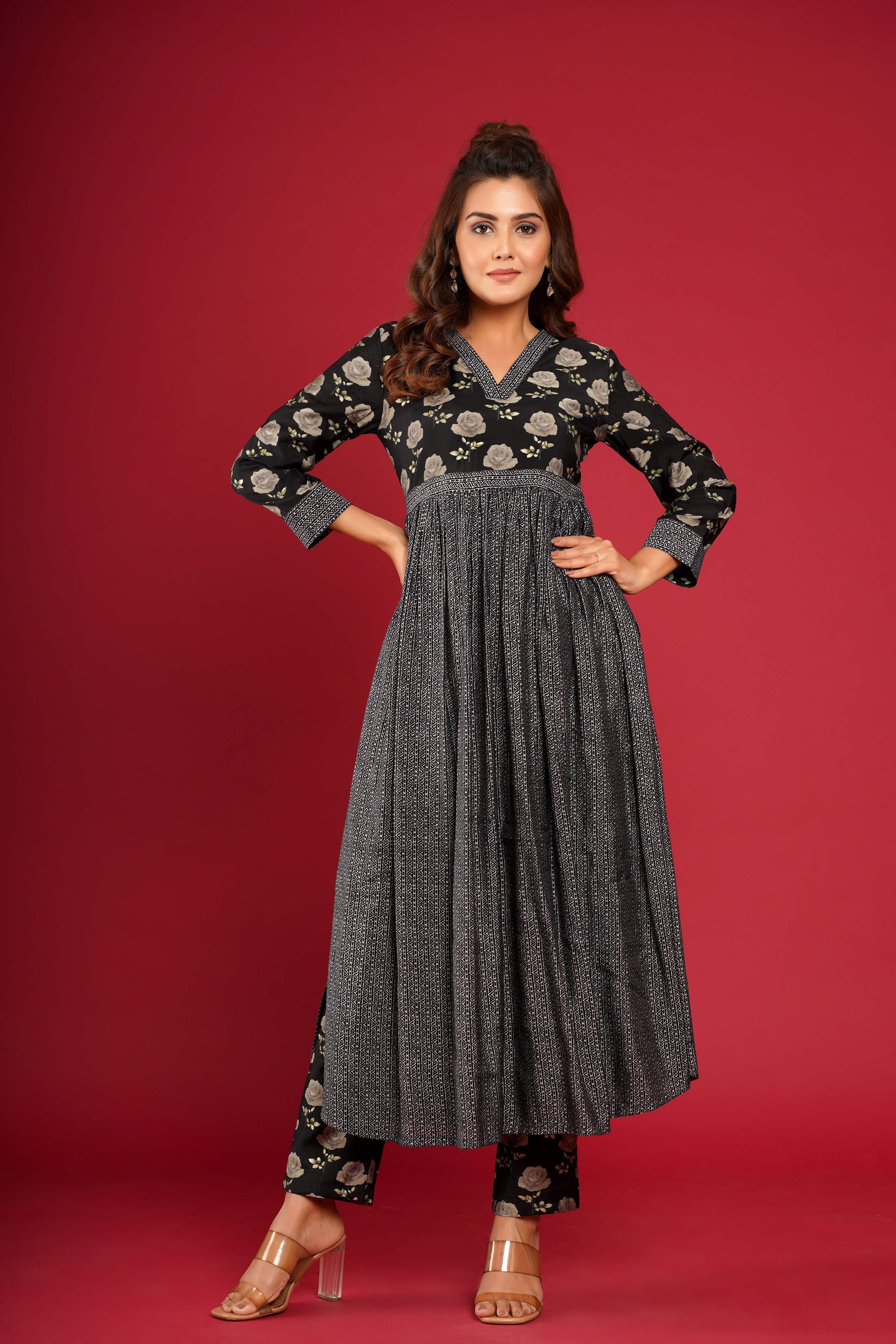 Black Floral Long Kurta Pant Set