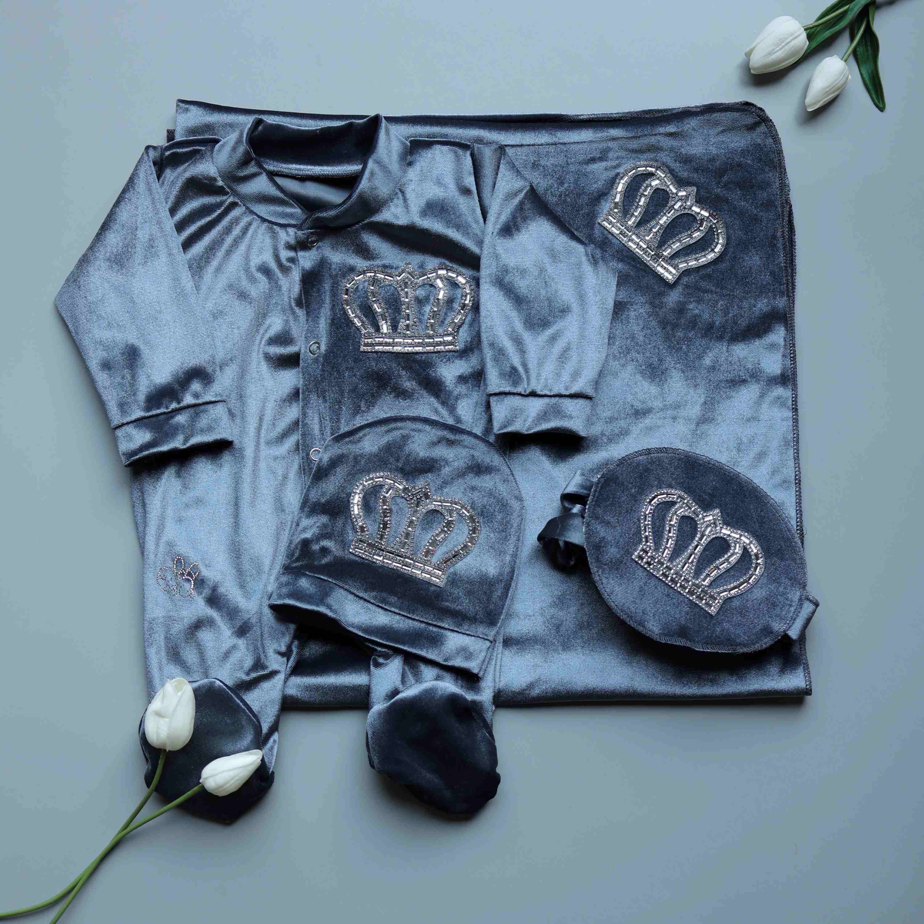 Silver Royalty Grey Velvet Crown Romper Set