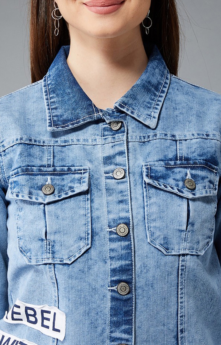 Dolce Crudo | Women's Light Blue Cotton Solid Denim Jacket 5