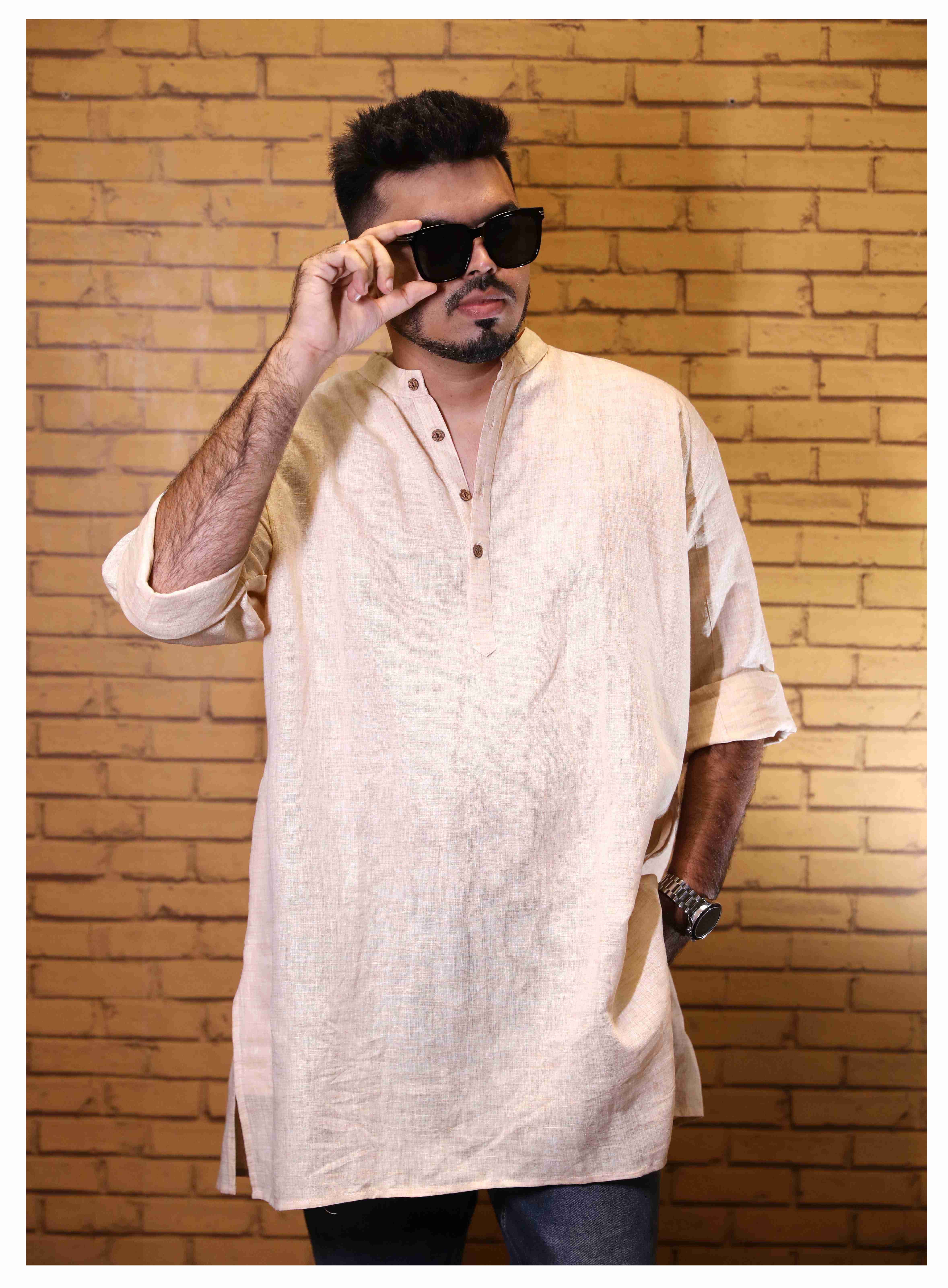 Men’s Linen Short Kurta Beige