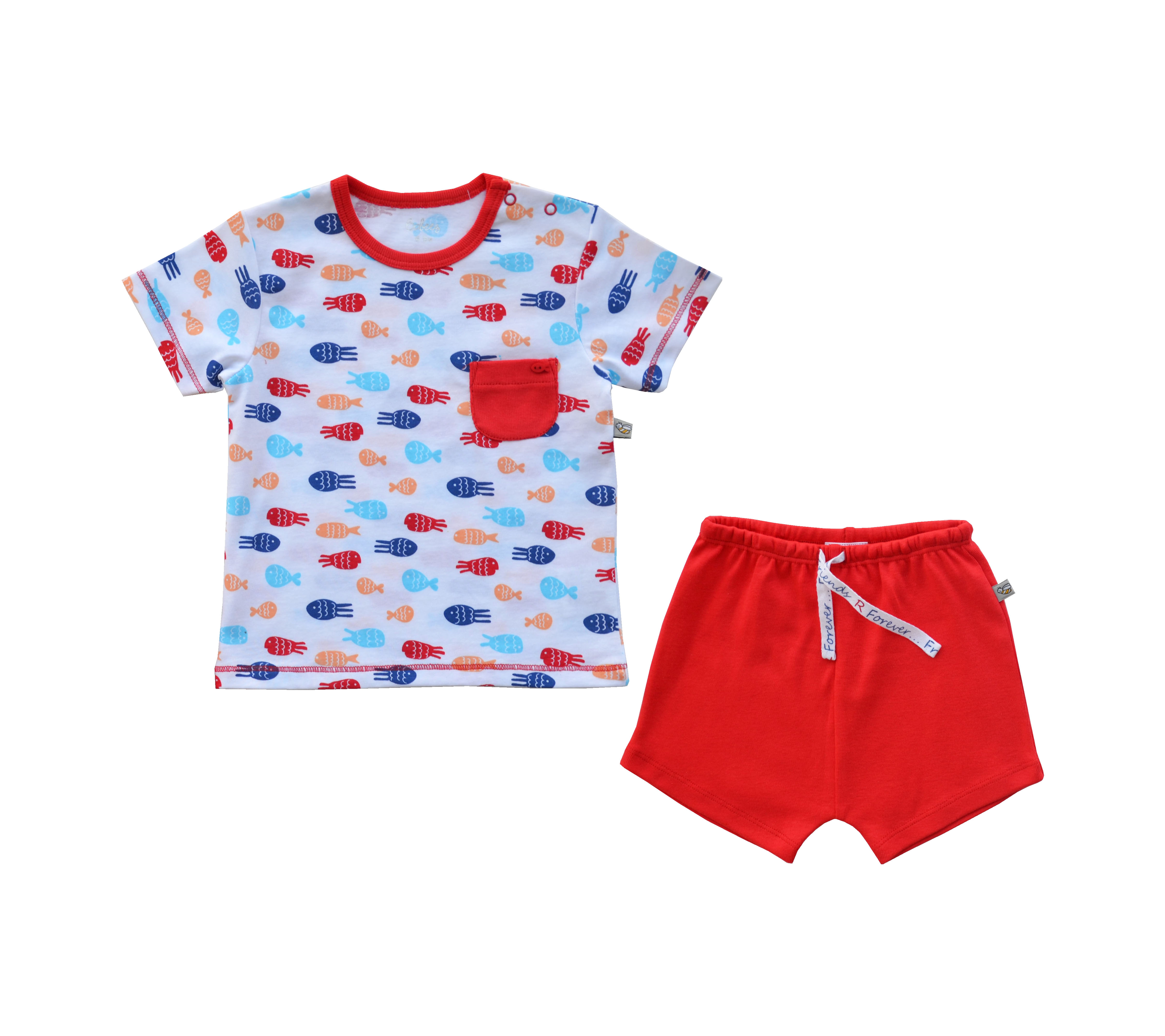 Babeez | White Fish Allover Print T-Shirt + Red Shorty Set (100% Cotton Jersey) undefined