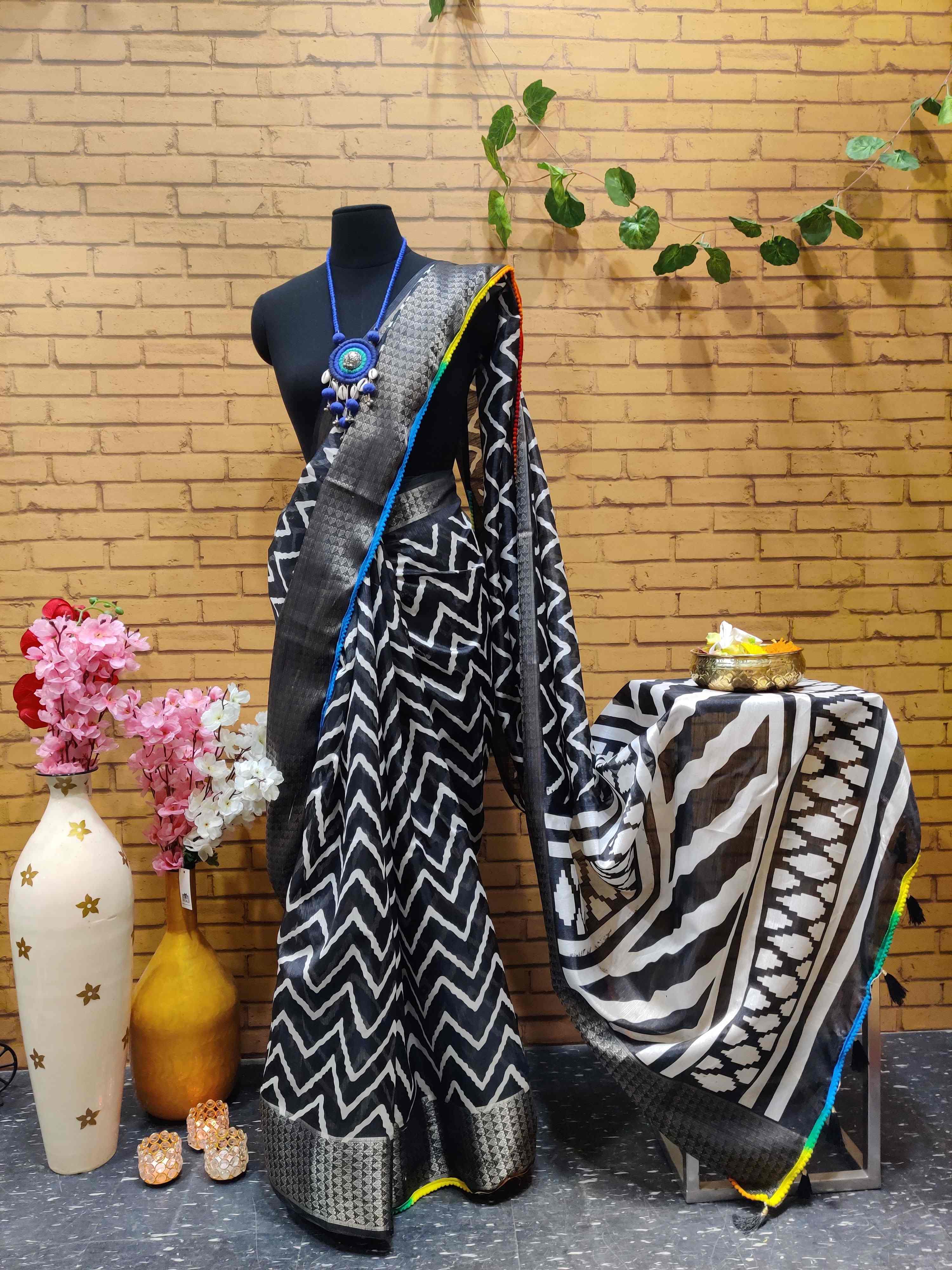Printed Silk Sari With Lace and Tassels