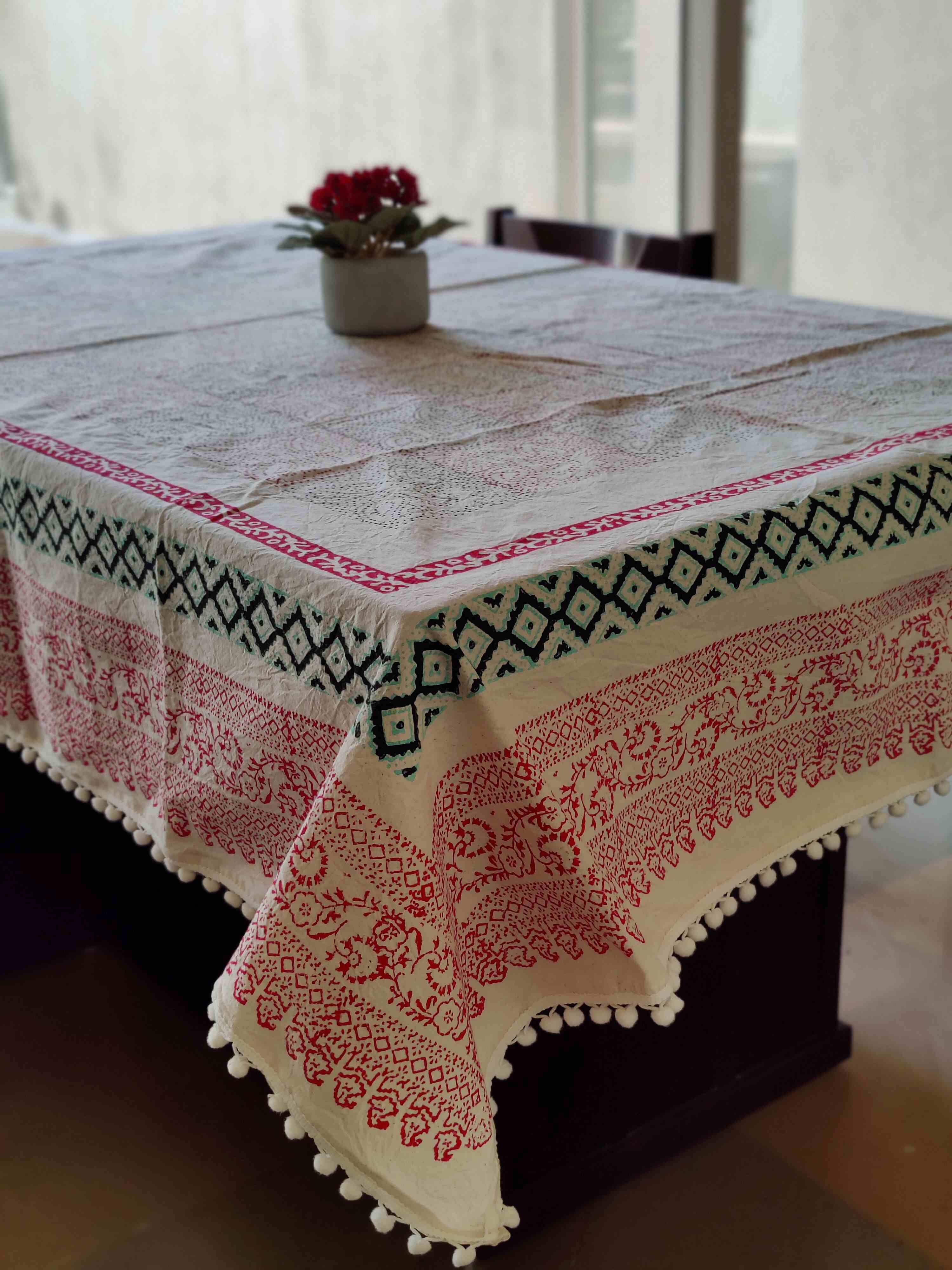 Table Covers HandBlock Printed Colourful Patterns for 6 Seater Table with Tassels 108 (Design-02)