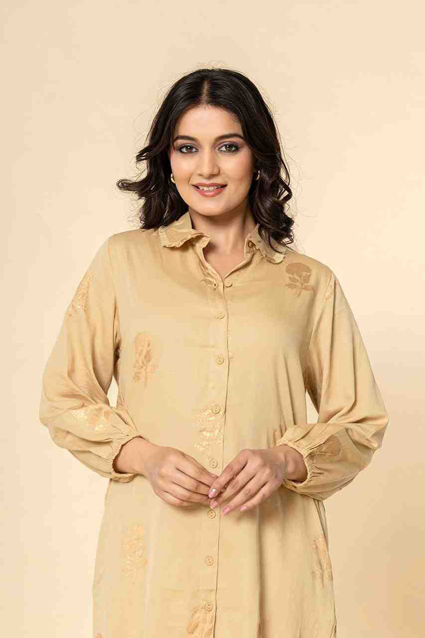 Naksh Beige Cotton Satin Co-ordinated Set With Gold Print (Set of 2)