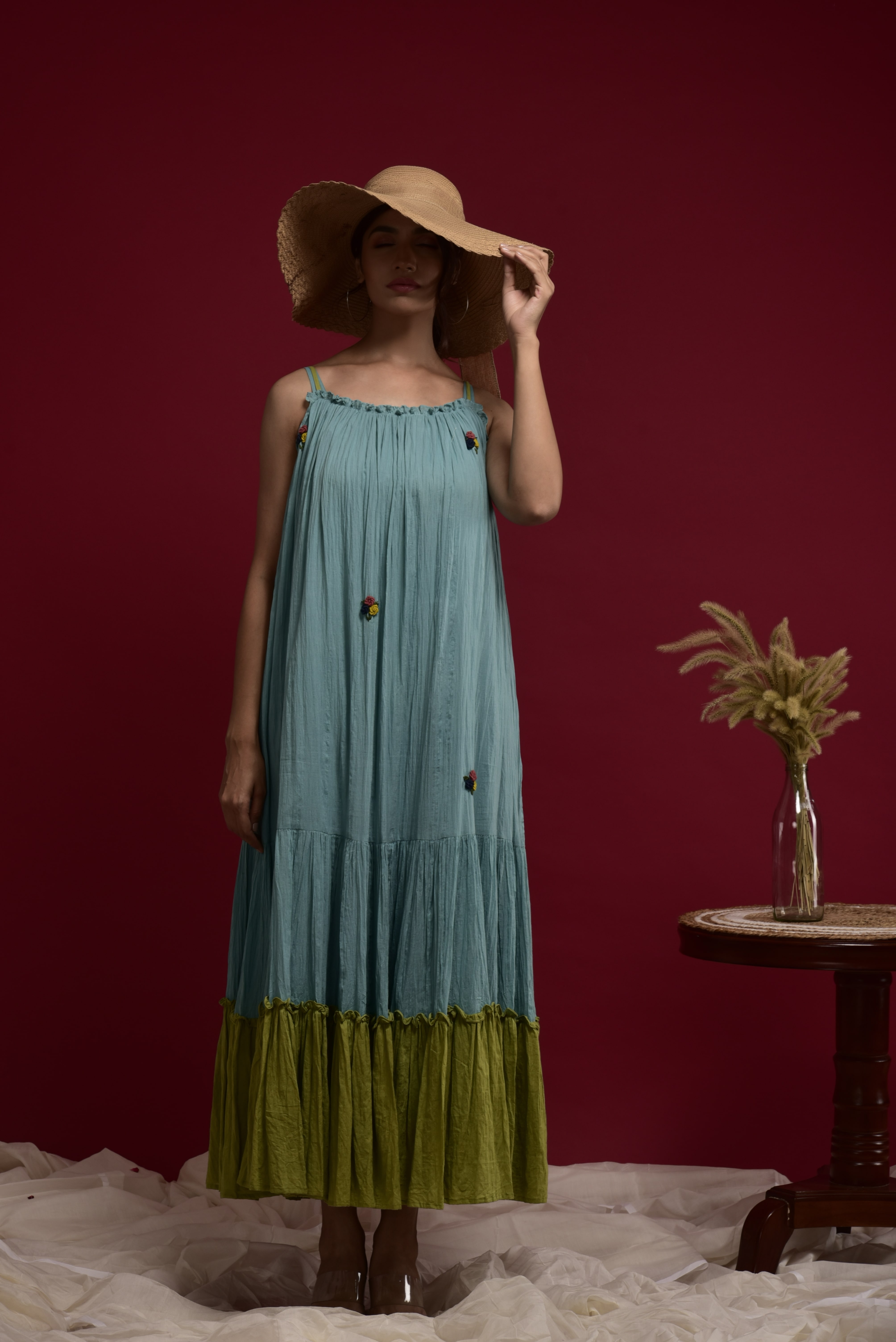 KAARAH BY KAAVYA | Blue and green tiered dress with hand anchor work on first panel undefined