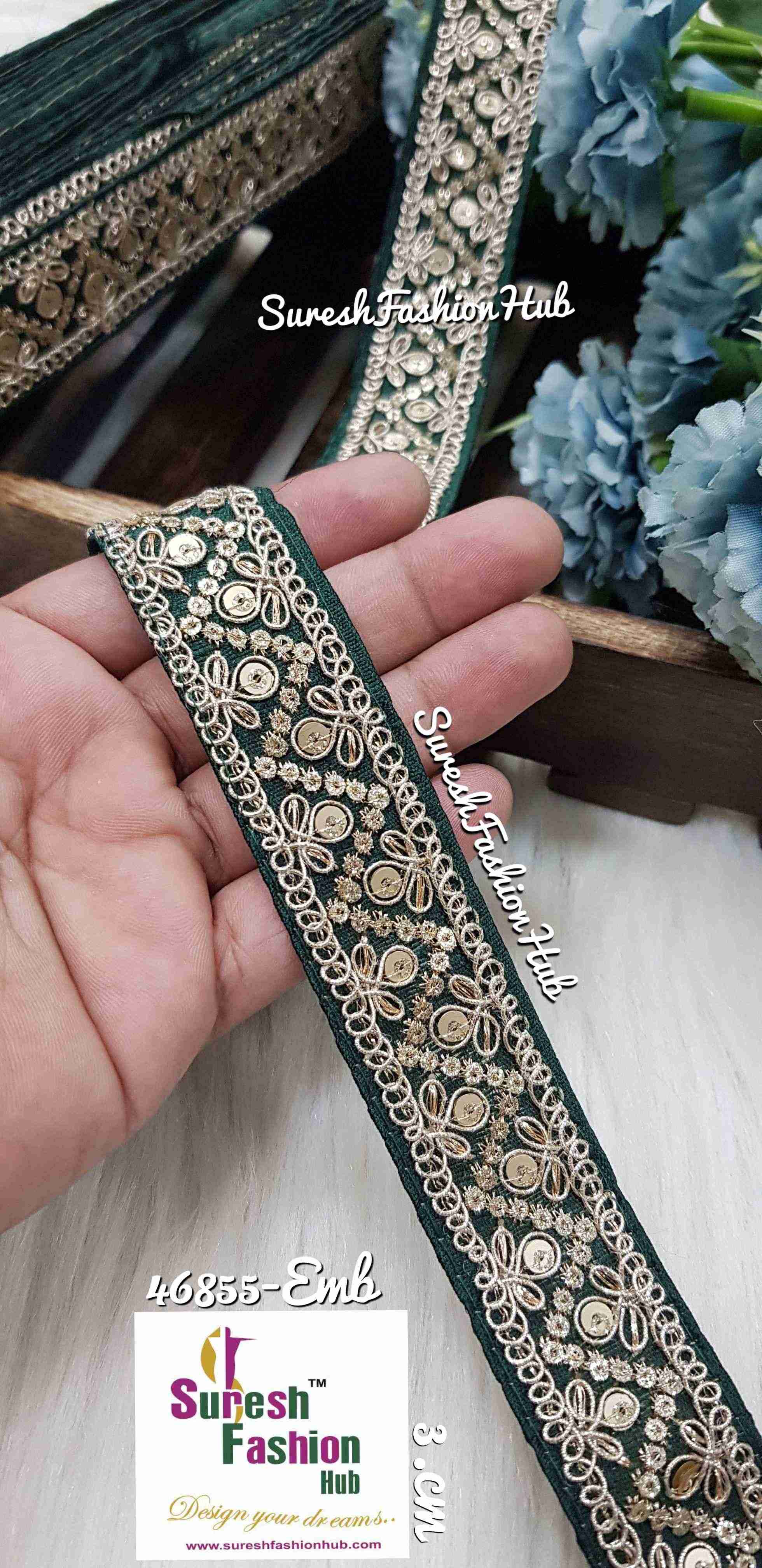 Golden Sequin With Zari Splendor Dark Green Borders Laces