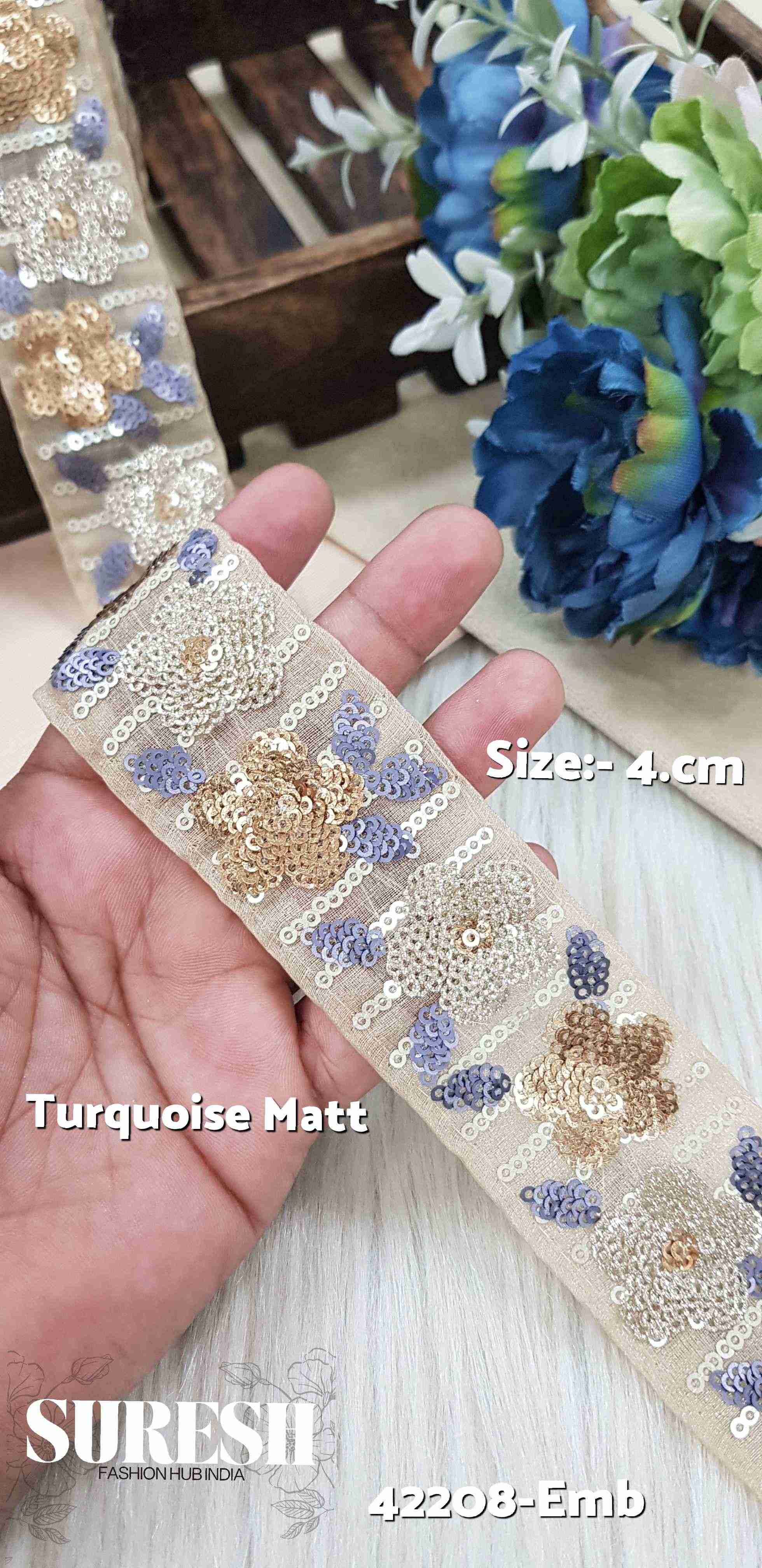 Turquoise Matt Floral Sequin Organza Lace
