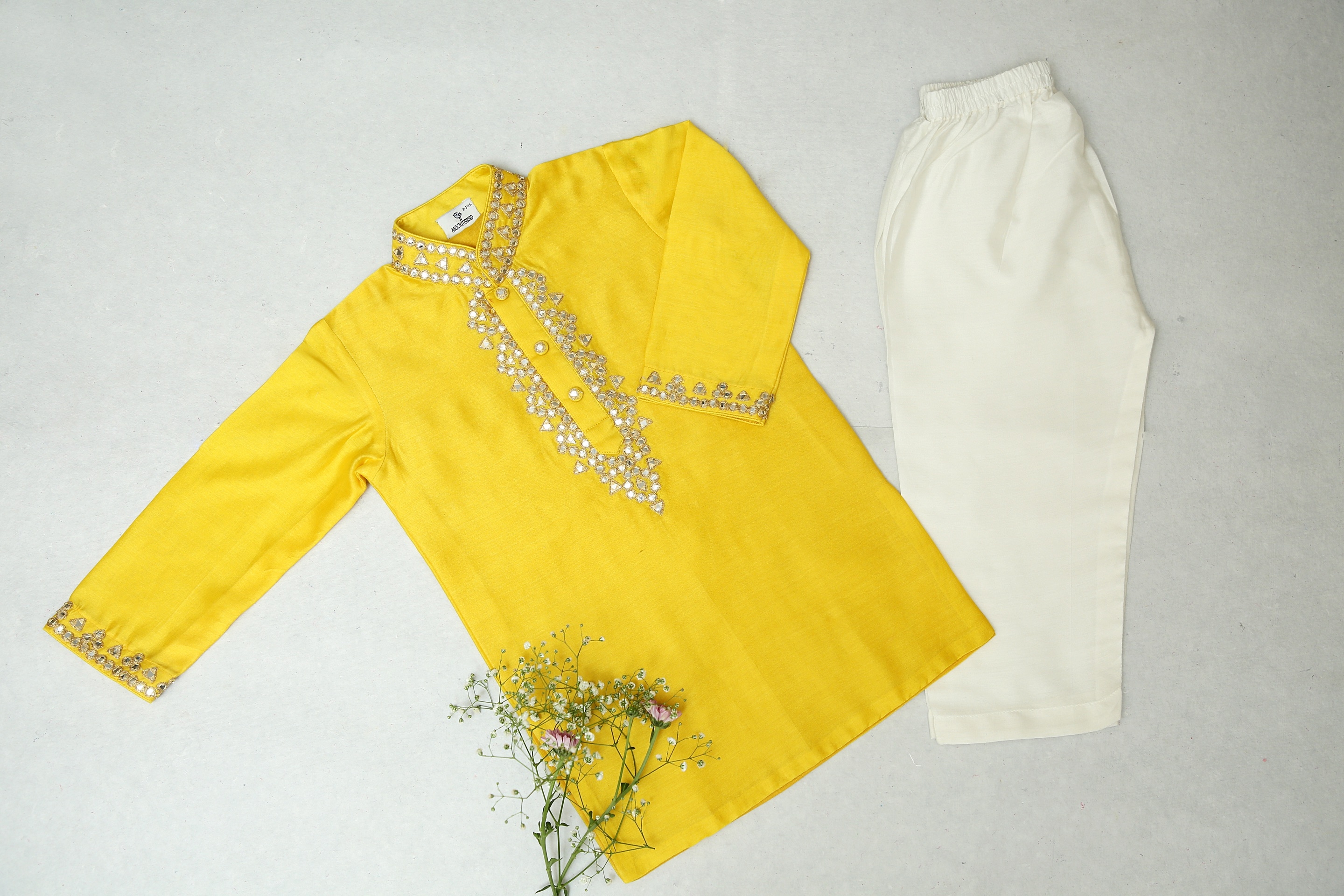 Chrome Yellow Kurta With Mirror Work & Ivory Pyjama