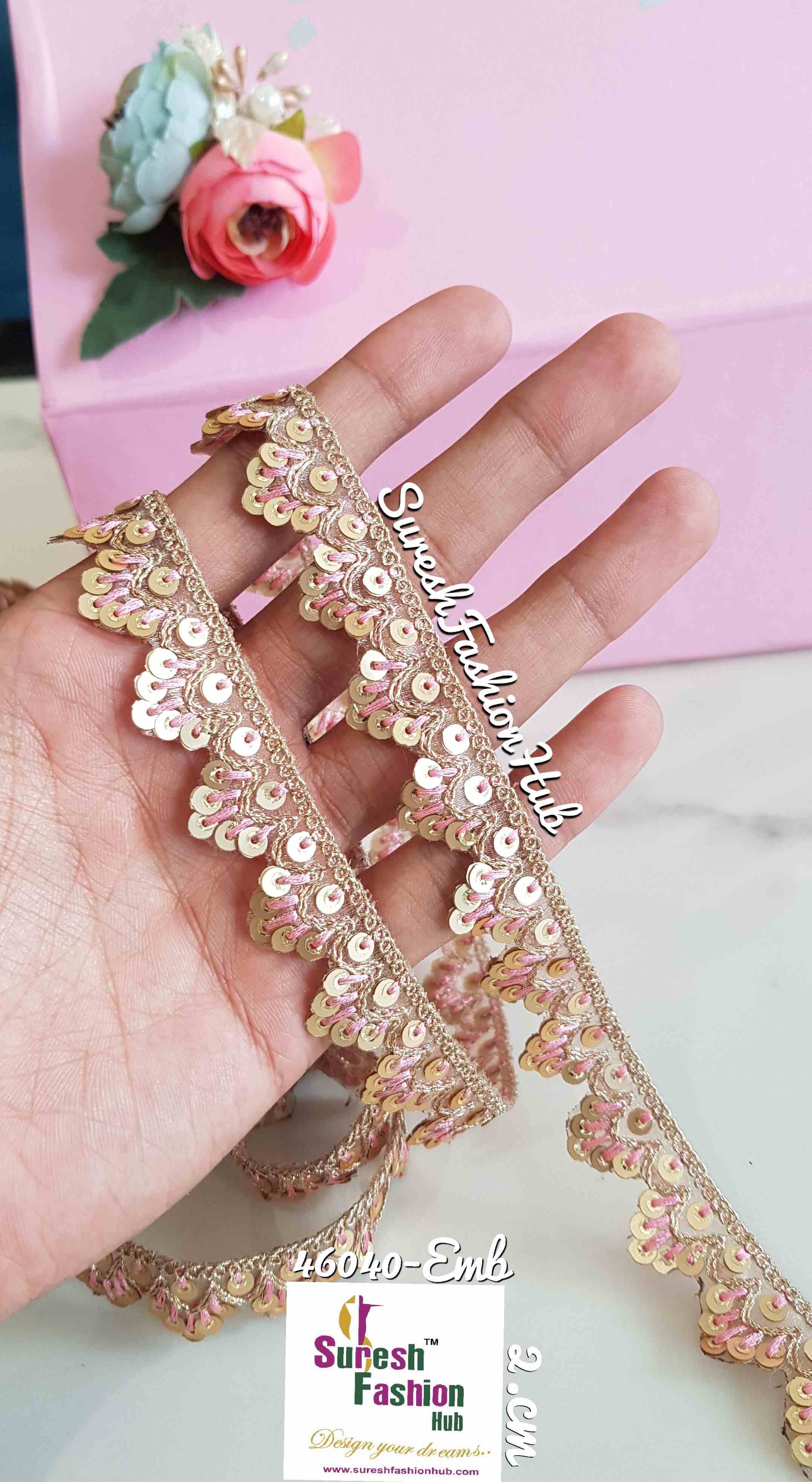 Baby Pink Gold Dori Embroidered Organza Lace
