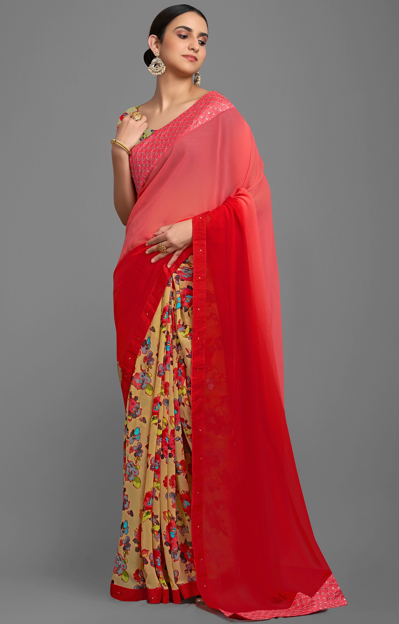 Women's Red and Beige Georgette Chiffon Blend Solid Printed Half N Half Saree-SHAMA6672SSSR004