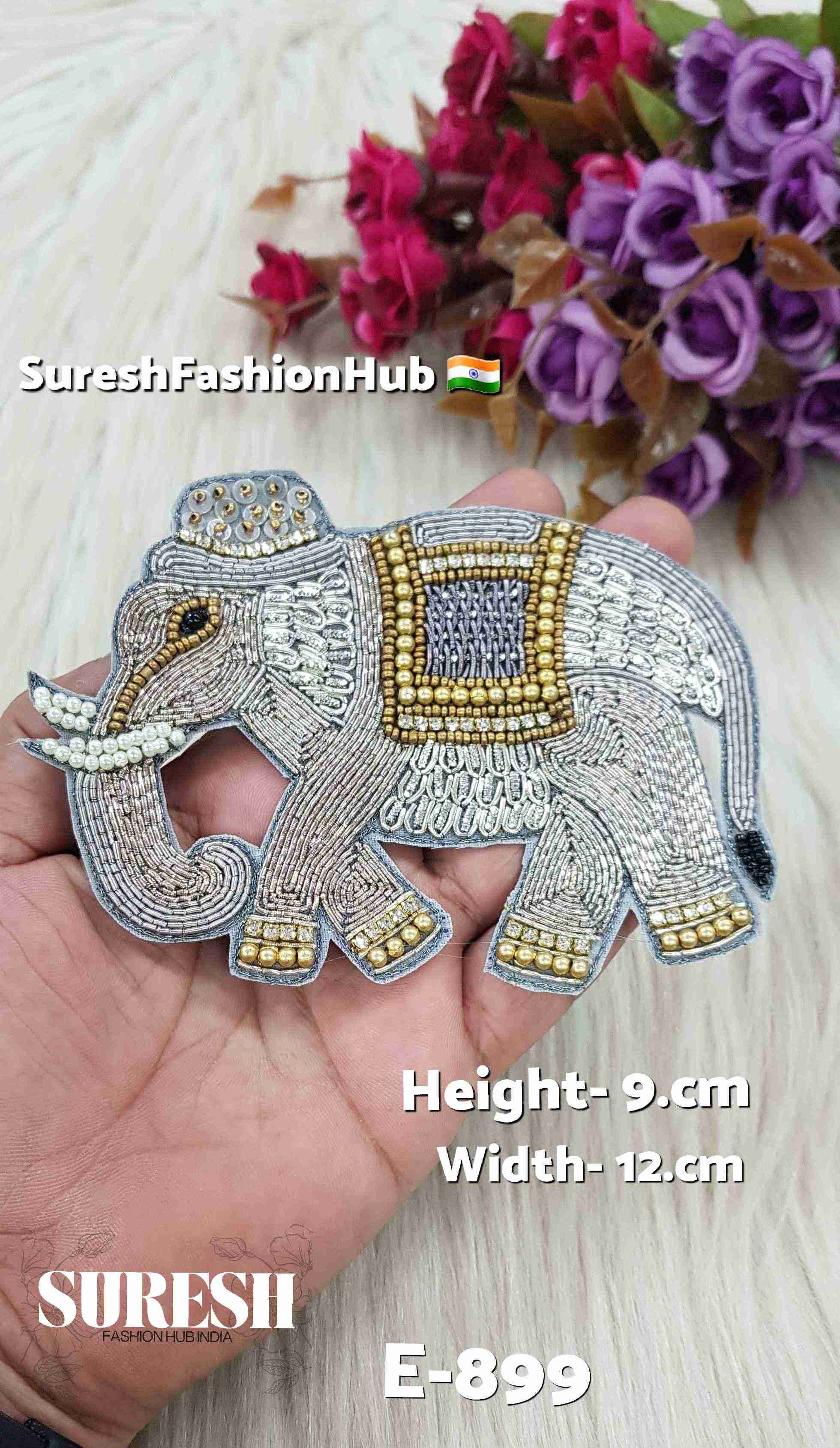 Grey Zardosi Elephant Patch – Left Facing | E-899