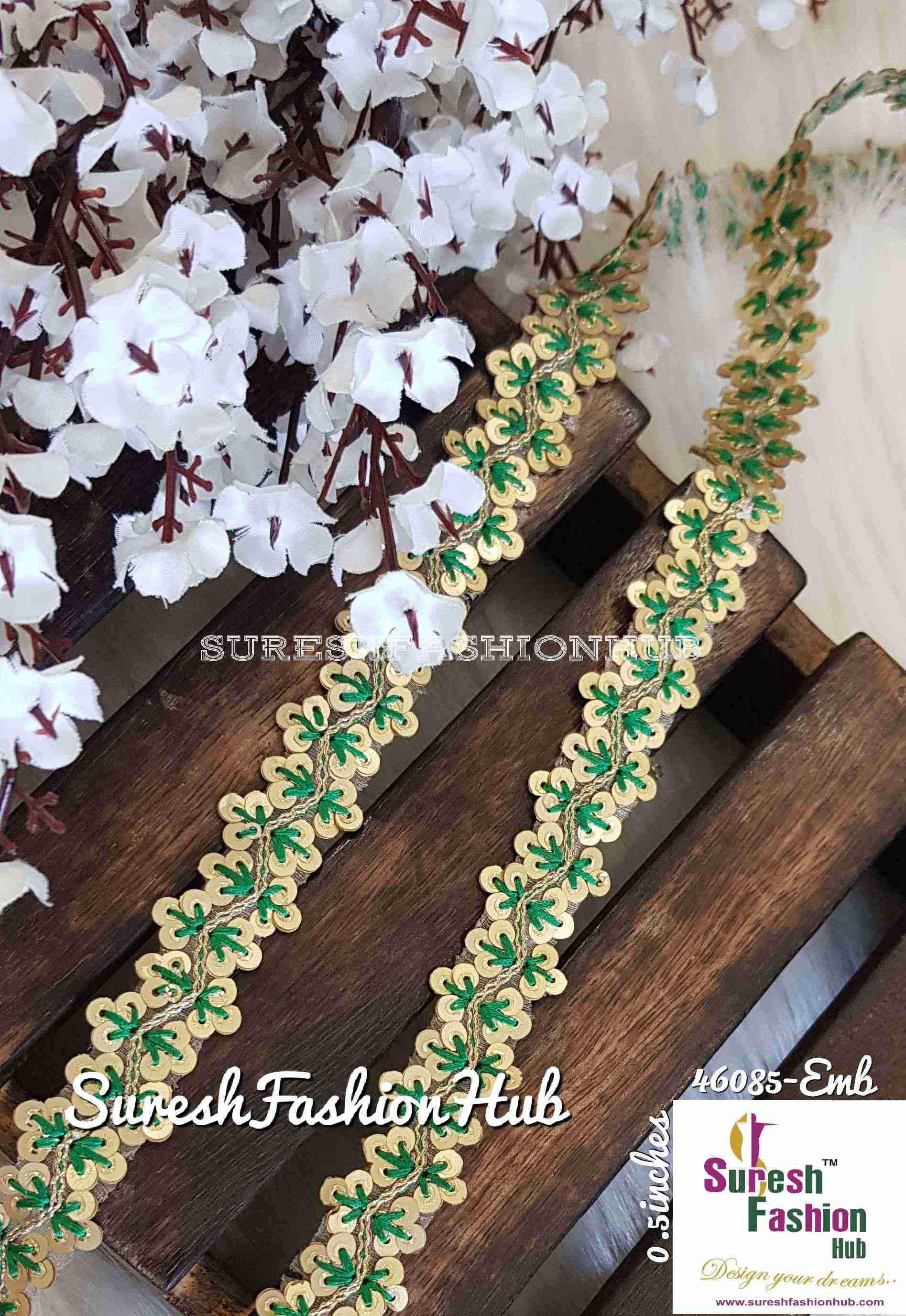 Sequence Green Thread Embroidered Leaves Designer Trim