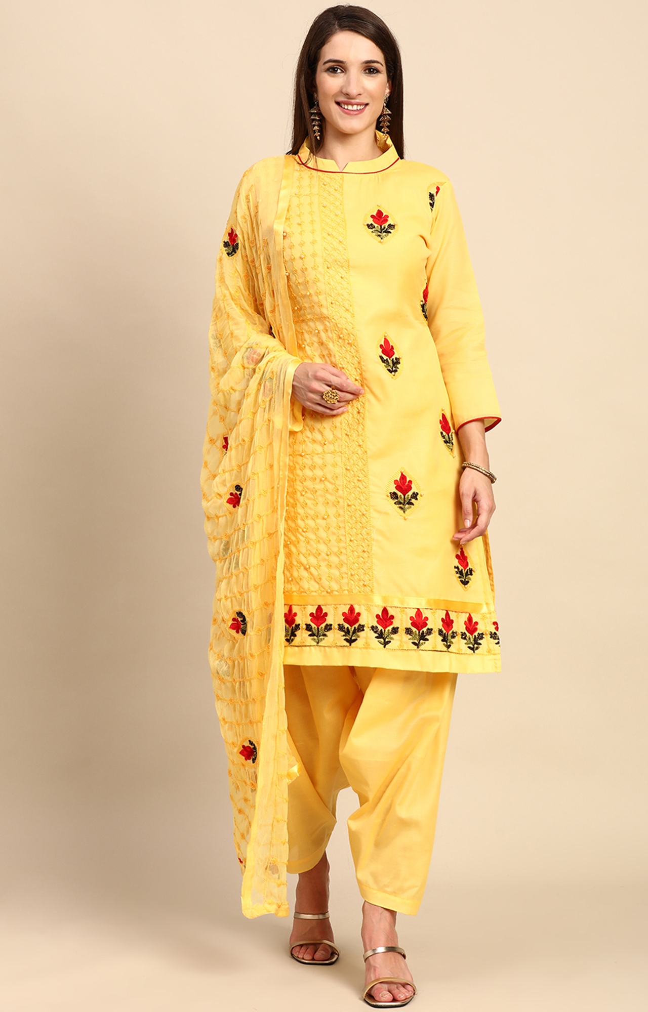 Shaily Women Yellow Color Cotton Embroidered With Pearl Unstitched Dress Material-VF_BJP_YELW_DM