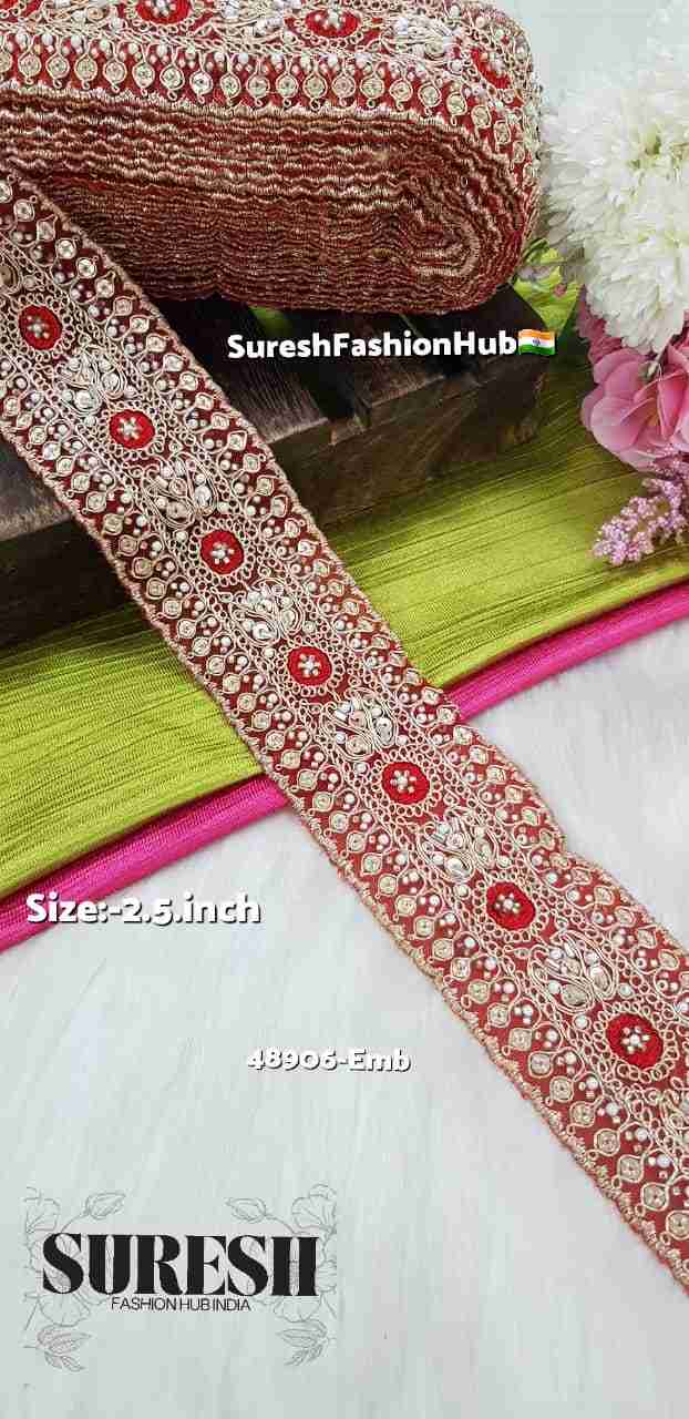 Red Handmade Look Pearl Embroidery Lace – 48906-Emb