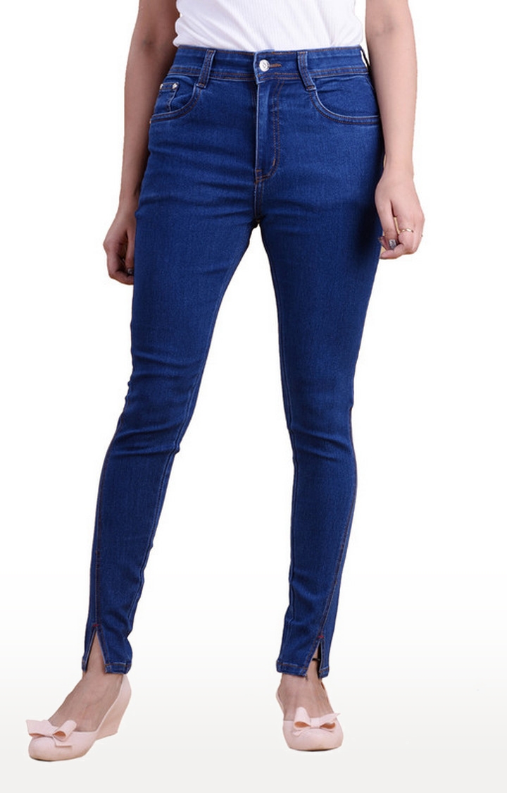 Quassia Women's Blue Skinny Fit High Rise Clean Look Stretchable Slit Hem Stylish Jeans, QWDEN262SL-BLU