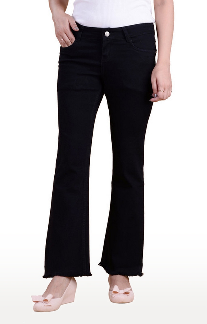 Women Black Bell Bottom Clean Look Stretchable Jeans( Black