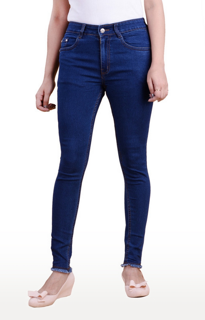 Quassia Women's Blue Skinny Fit High Rise Clean Look Stretchable Frayed Hem Jeans, QWDEN90SHR-BLU