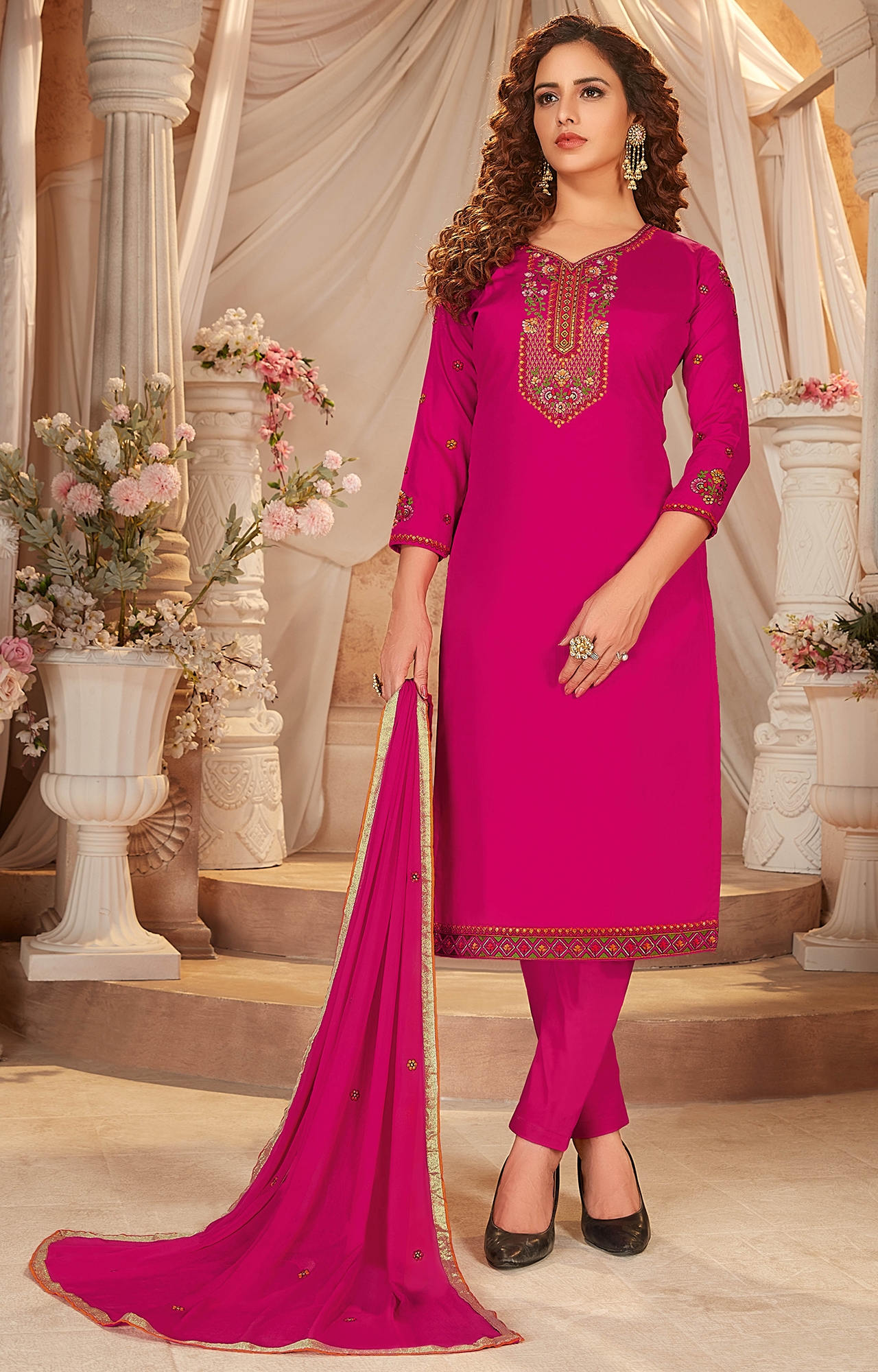 Pink Color Cotton Embroidered Unstitched Dress Material-FL_PANKHUDI1065_DM