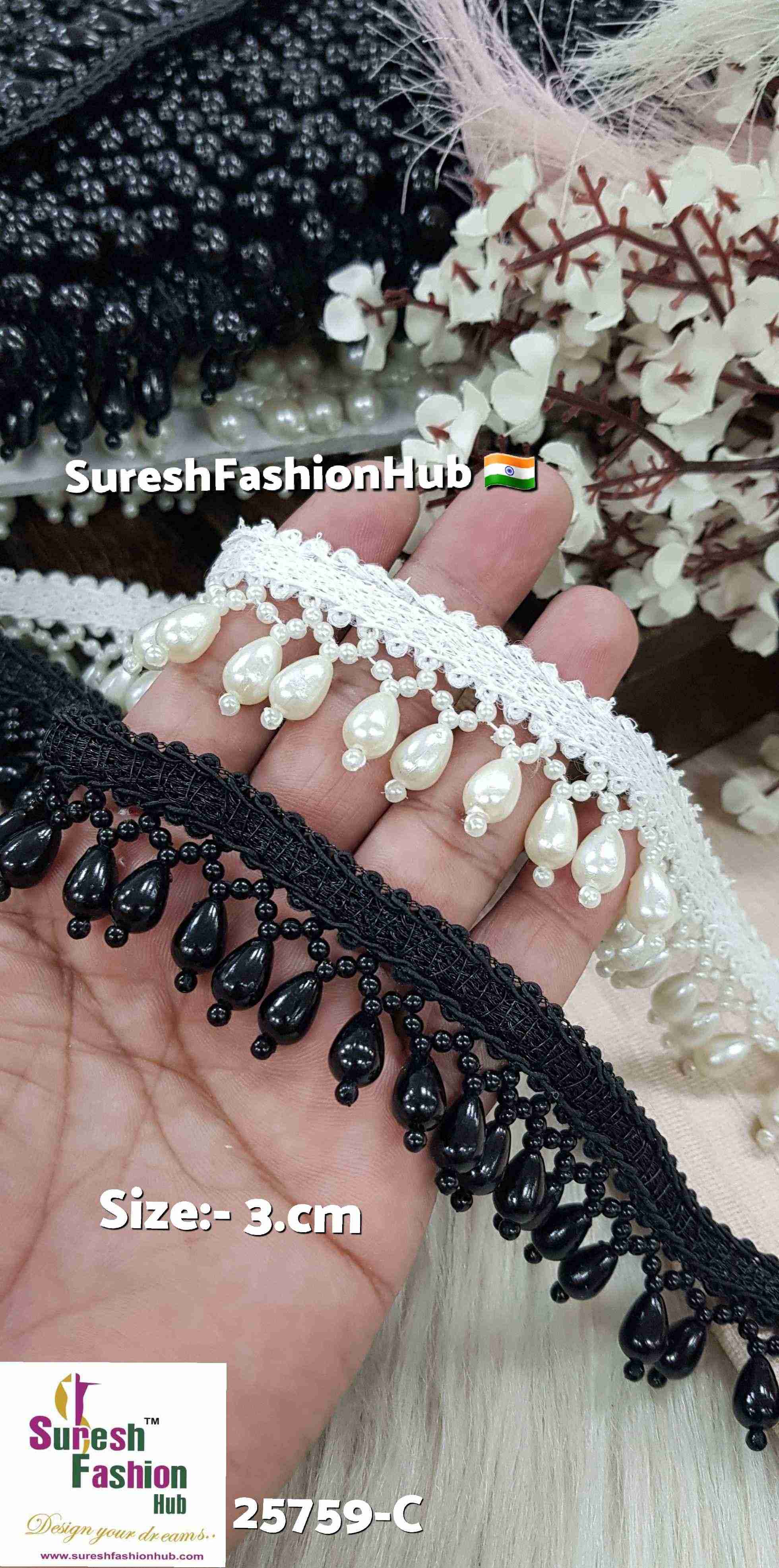 Black Handmade Beads & Pearl Jhalar Lace