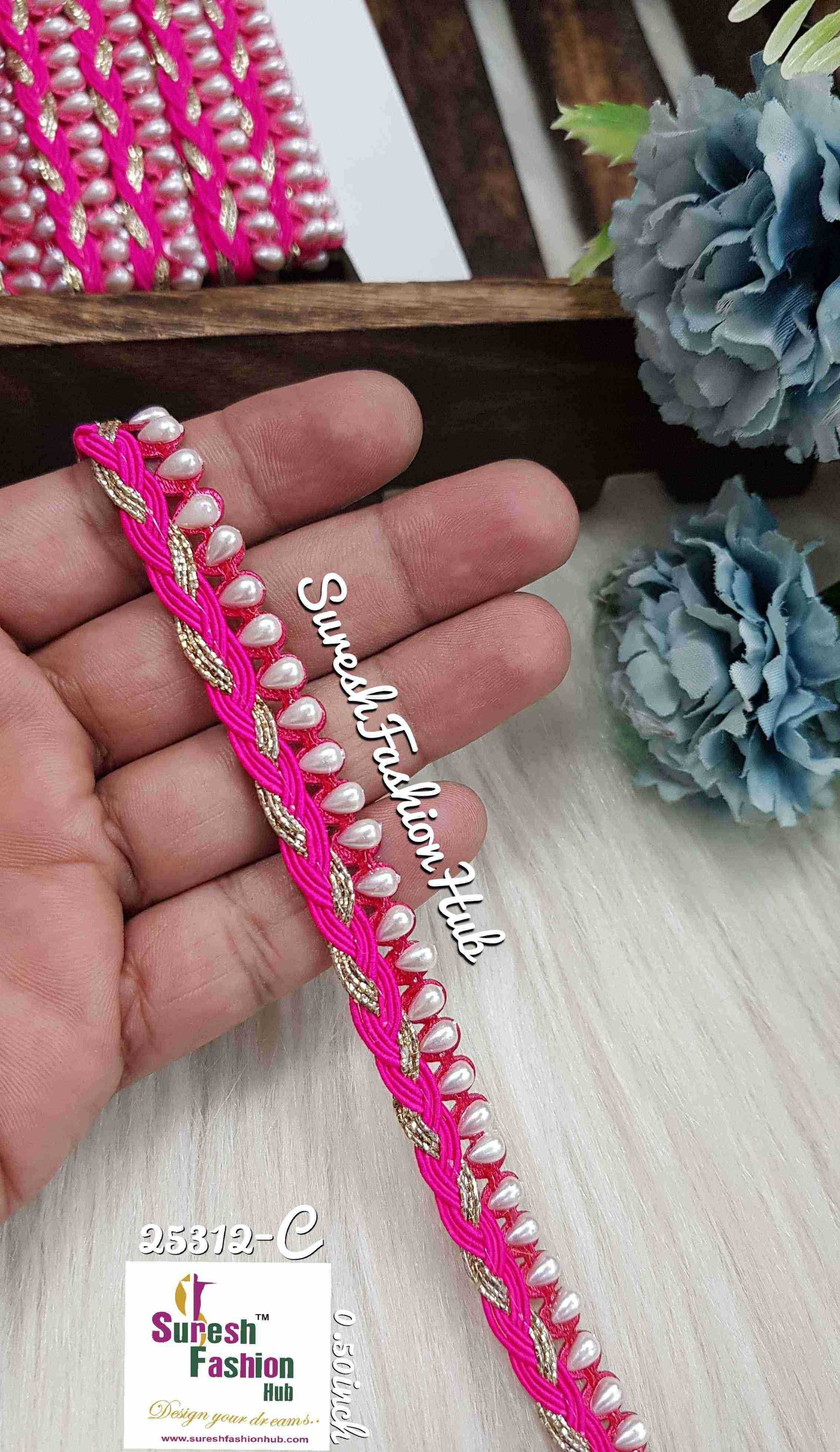 Here are some SEO-optimized ALT text suggestions for your lace products:  1. "Luxurious Pearl Shade Jhalar Lace - Glitter Embellished Trim" 2. "Machine-Made Scalloped Lace - Elegant Border for Sarees" 3. "Gota and Zari Lace for Sarees - Traditional Ethnic Embellishment" 4. "Decorative Jhalar Lace with Glitter Dori - Fe