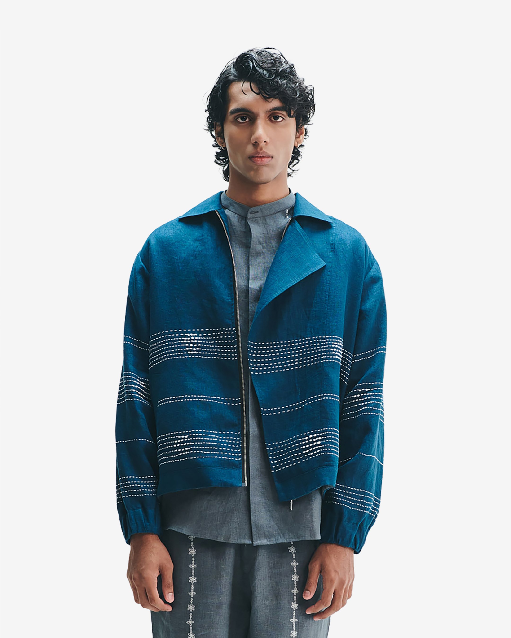 Indigo Linen Kantha Flap Collar Jacket