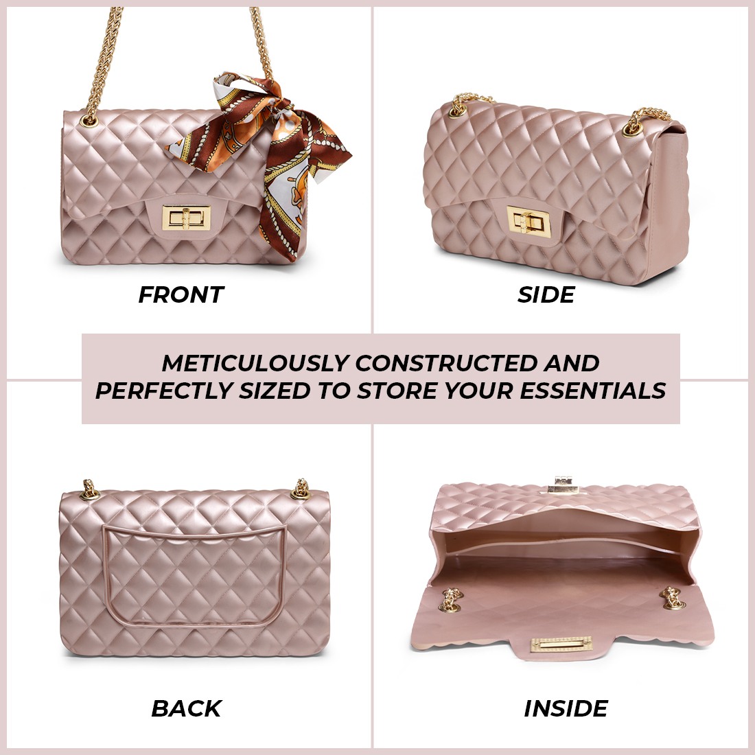 The Haul Factory Nesta Rubber Rose Gold Checkered Patterned Shoulder Sling Bag with Designer Scarf For Women