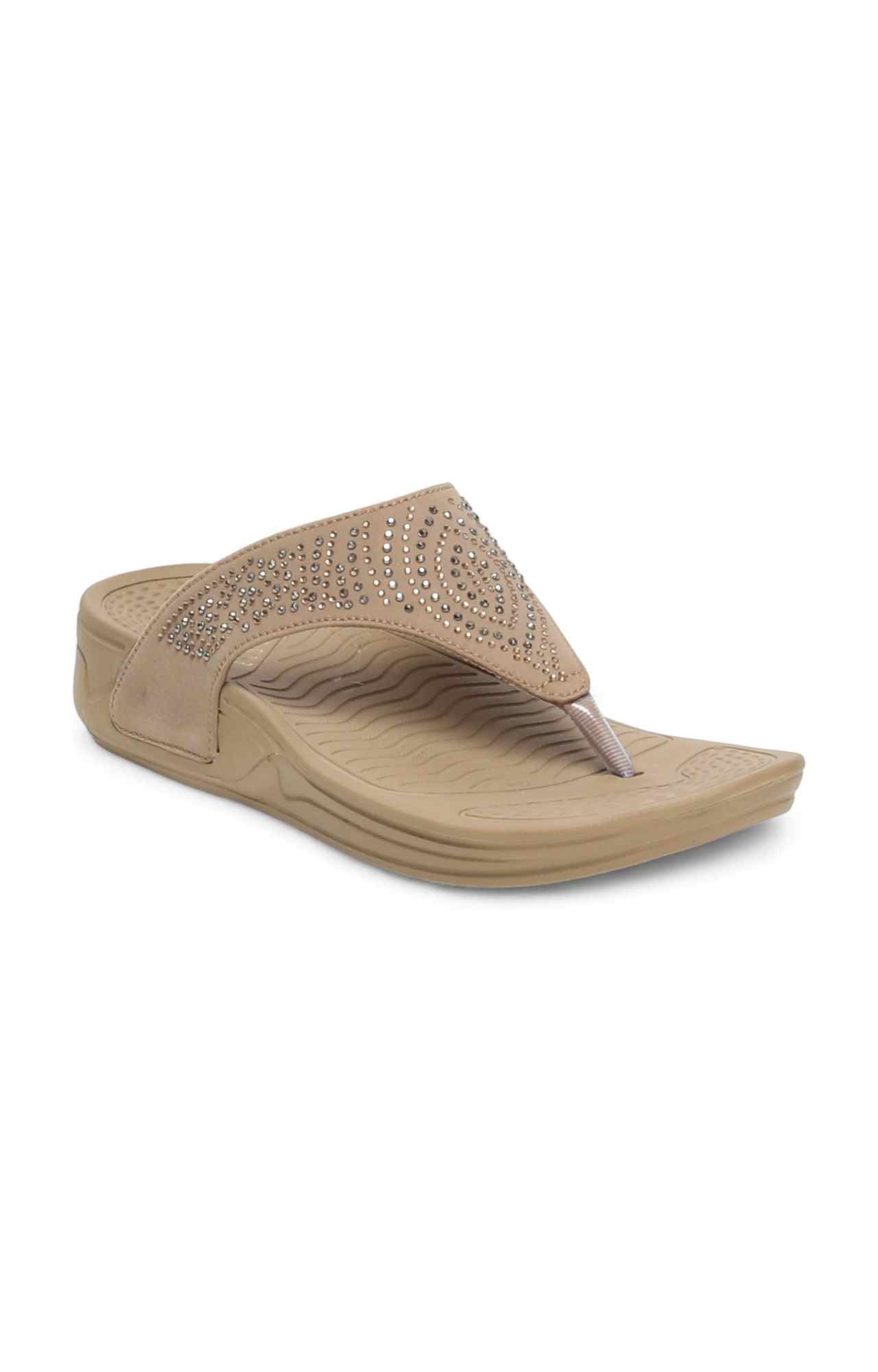 Women Sparkling Beige Wedge Flip-Flops