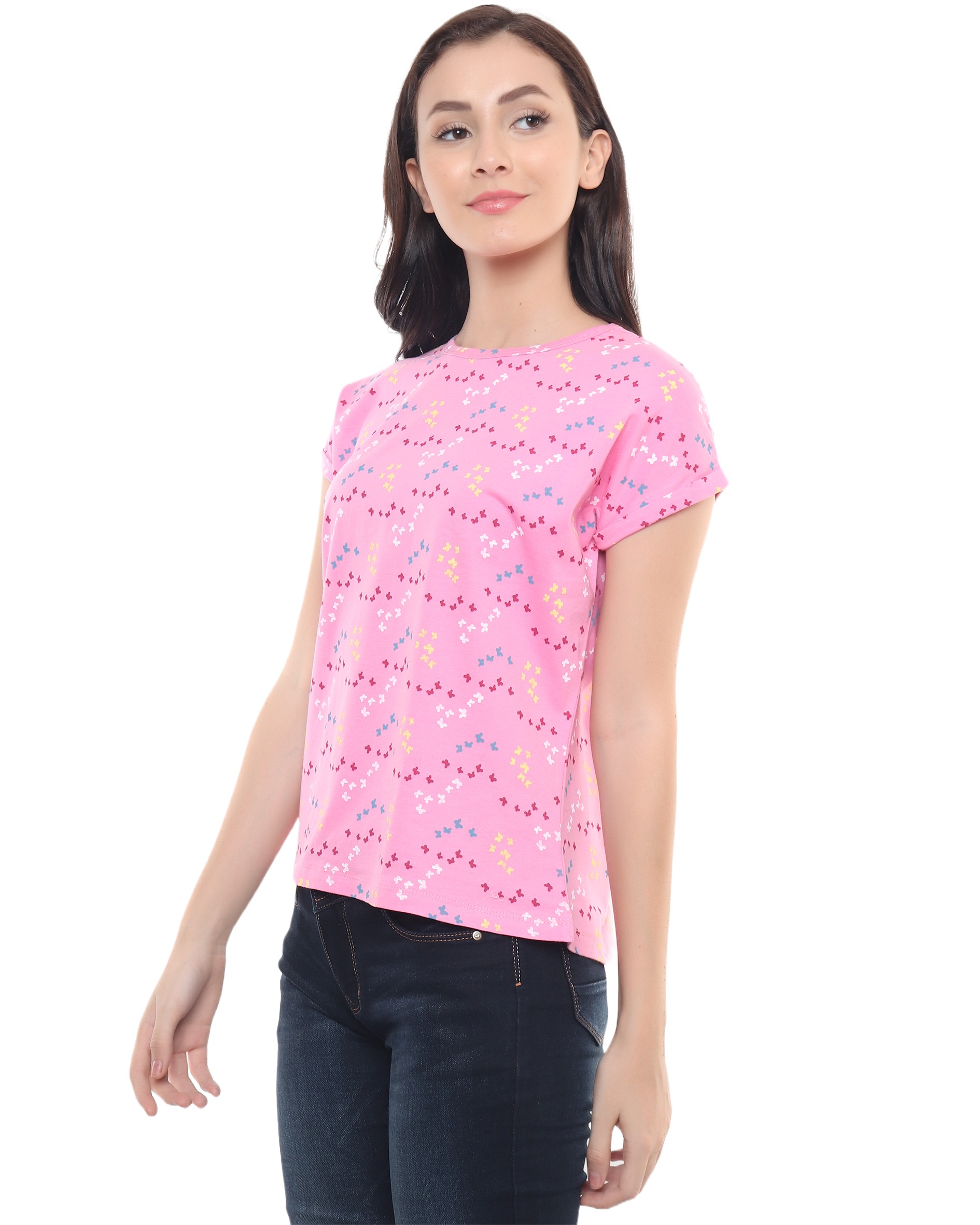 Pink Printed Cotton T Shirt