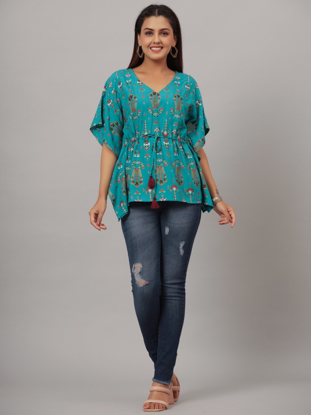 V-Neck Printed Rayon Kaftan Top