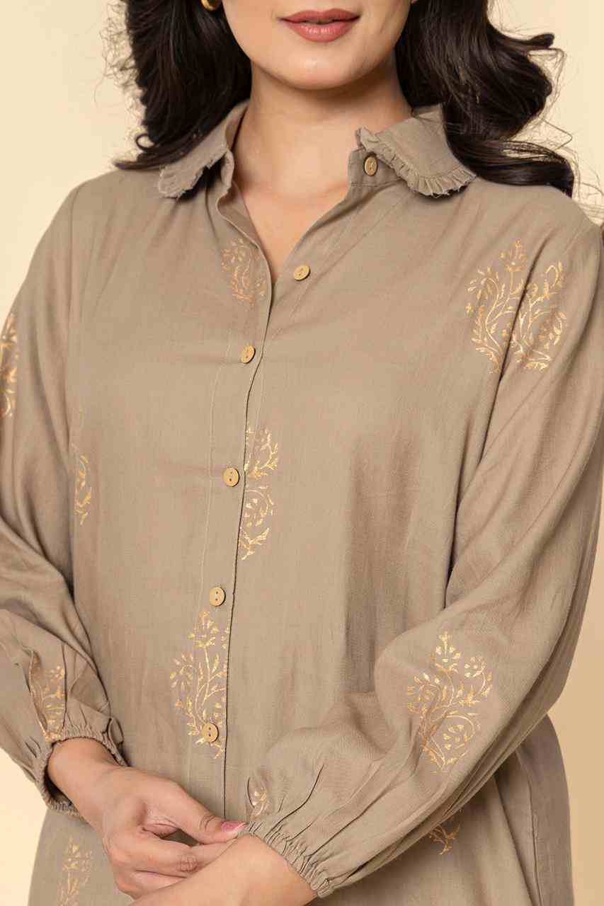 Naksh Grey Cotton Satin Co-ordinated Set With Gold Print (Set of 2)