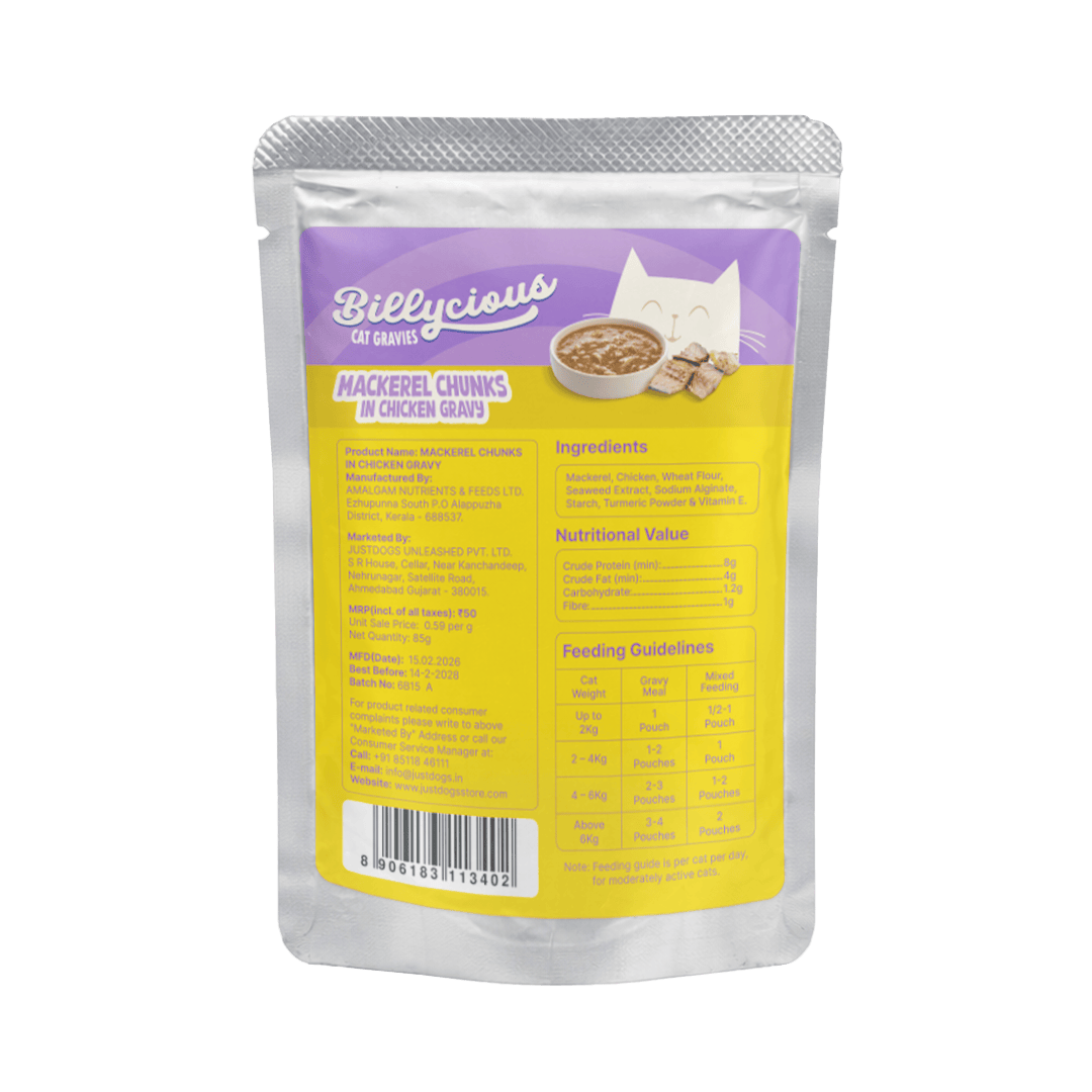 Billycious Mackerel Chunks in Chicken Gravy Wet Cat Food, 85g