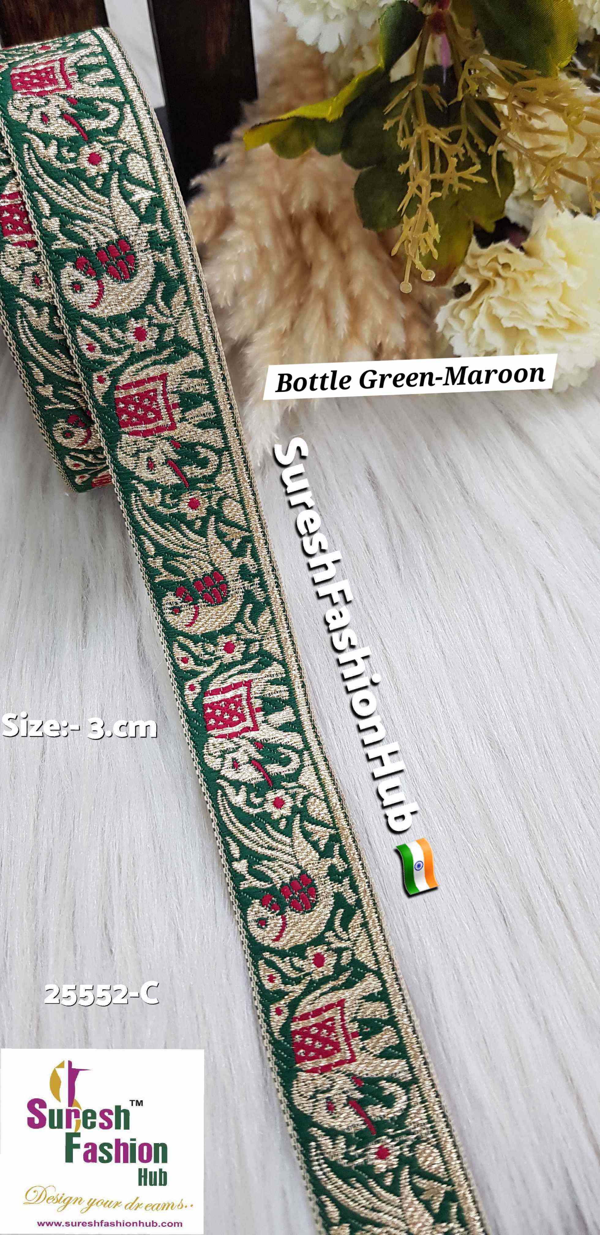 Bottle Green & Maroon Color Elephant Parrot Banarasi Lace