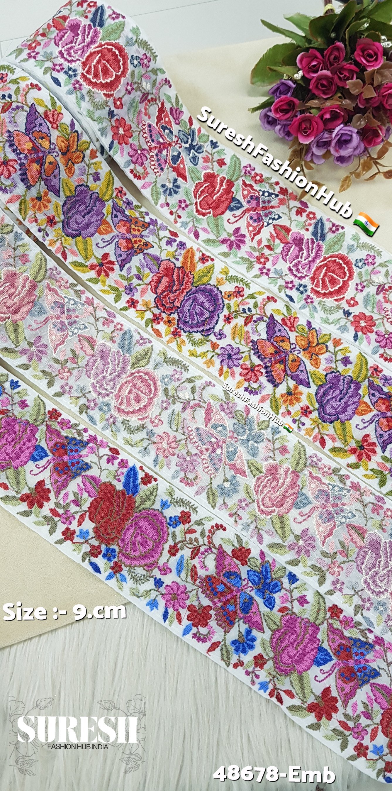 48678-Emb Color No 7 Cross Stitch Butterfly & Flower Border