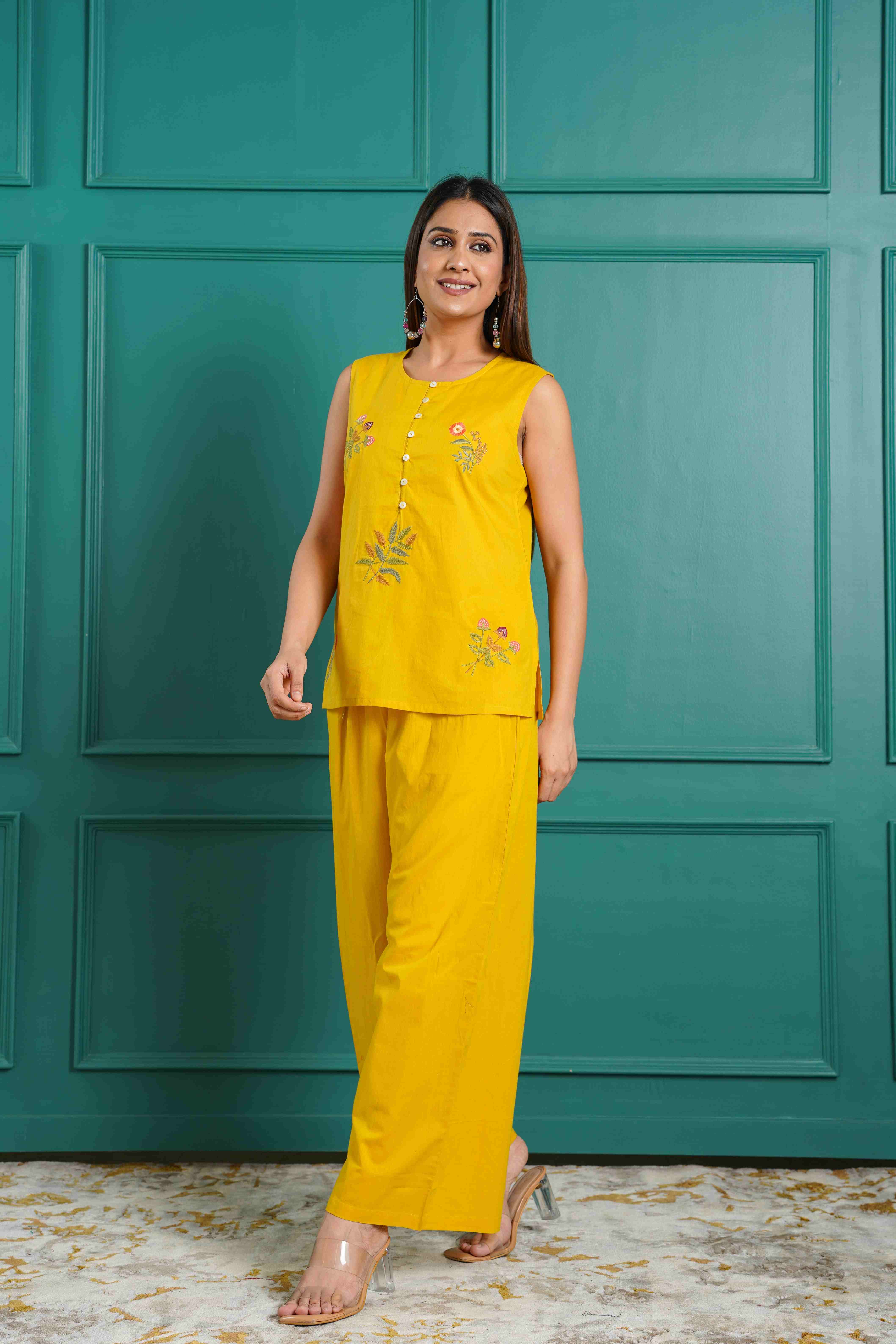 MUSTARD FLORAL EMBROIDERED COTTON CO-ORD SET