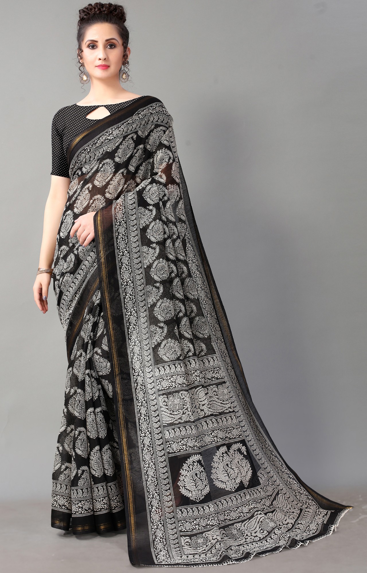 Women Black Batick Block Print Casual Wear Saree-HAL21CTN00036BLCK