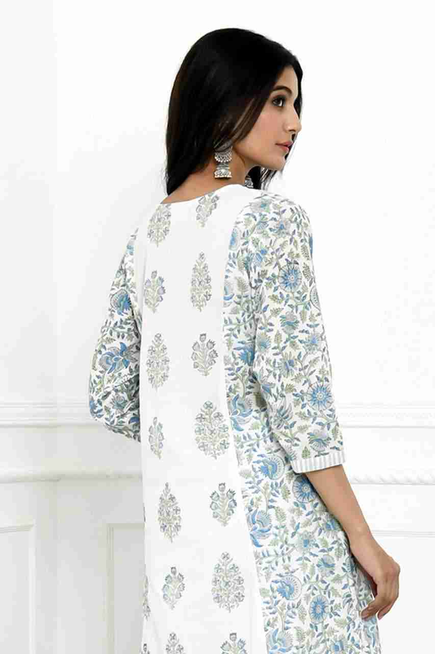Naksh White And Blue Cotton Printed Gathered Kurta
