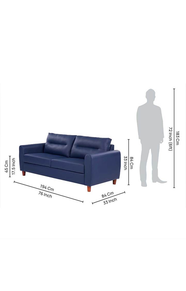neudot Scott Sofa for Living Room |3 Persons Sofa|Premium Leatherette with Cushioned Armrest | Solid Wood Frame|3 Seater in Cobalt Blue Color