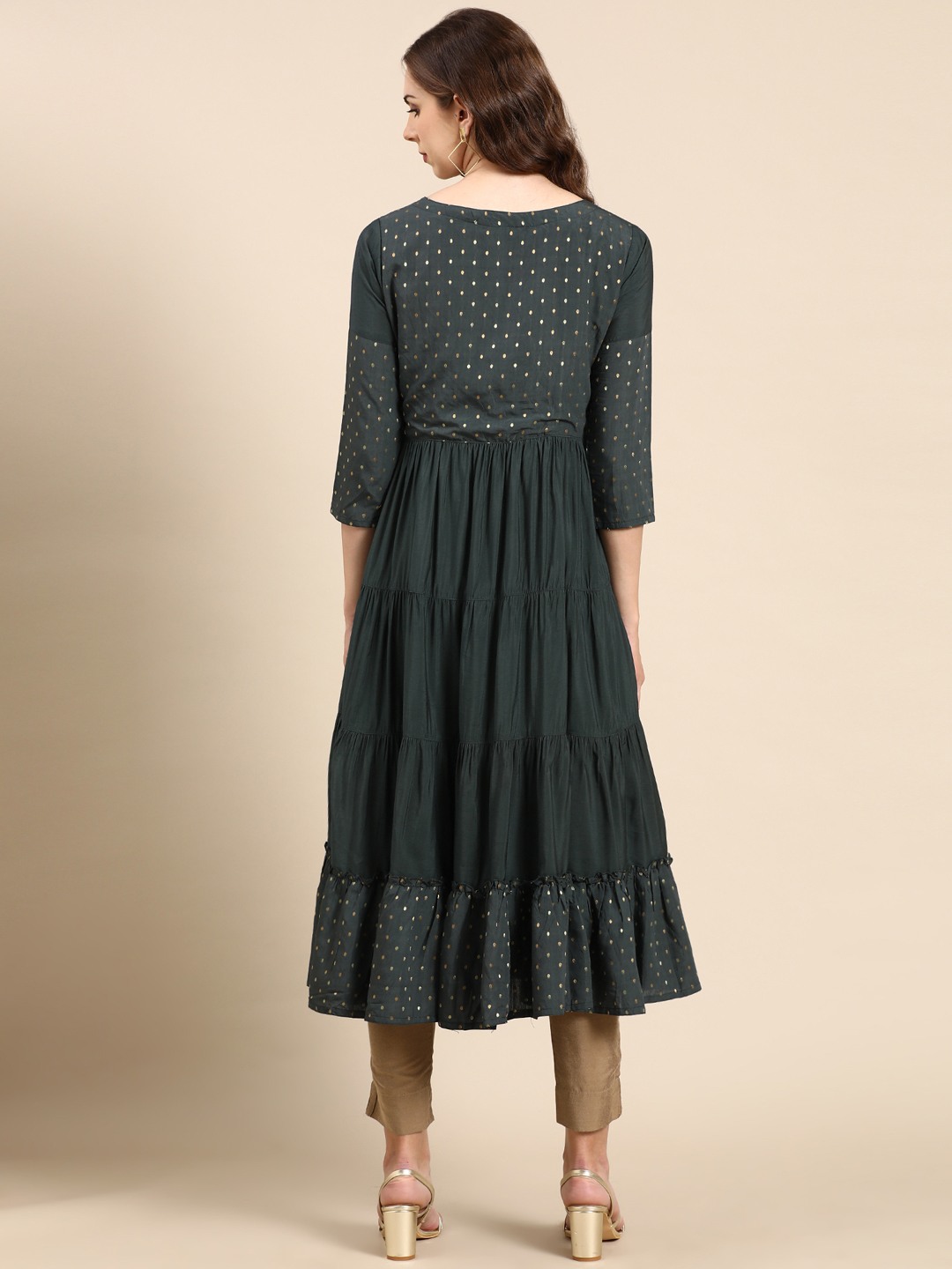SHOWOFF Women's Round Neck Solid Teal Anarkali Kurta