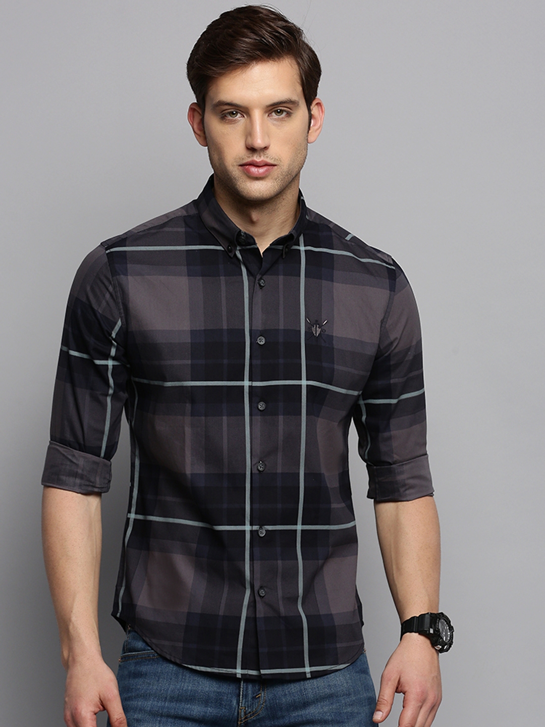 Showoff | SHOWOFF Men's Spread Collar Checked Navy Blue Classic Shirt 1