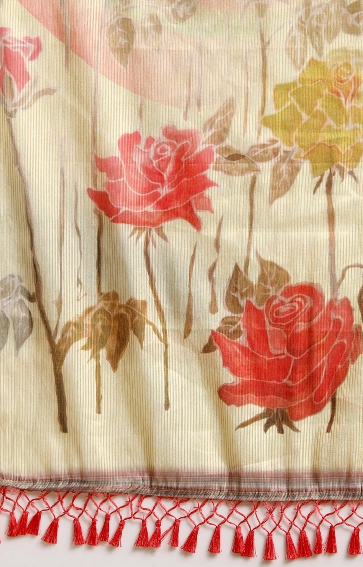 Vastranand | VASTRANAND  Yellow & Red Silk Floral Digital Printed Maheshwari Saree 3