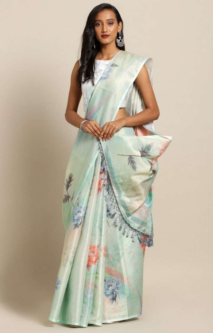 VASTRANAND  Lime Green & Peach-Coloured Silk Printed Maheshwari Saree