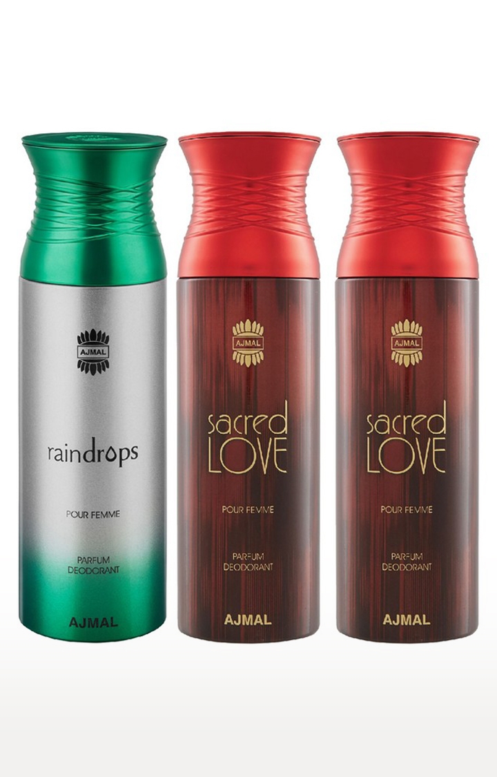 Ajmal | Ajmal Raindrops & Sacred Love & Sacred Love Deodorant Spray - For Women (200 ml, Pack of 3)  0