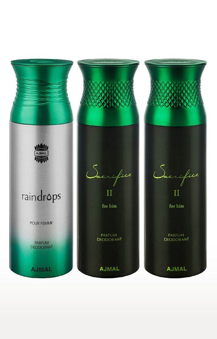 Ajmal | Ajmal Raindrops & Sacrifice II & Sacrifice II Deodorant Spray - For Men & Women (200 ml, Pack of 3)  0