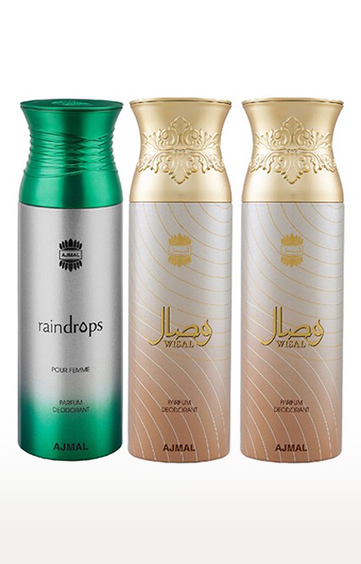 Ajmal | Ajmal Raindrops & Wisal Deo & Wisal Deodorant Spray - For Women (200 ml, Pack of 3)  0