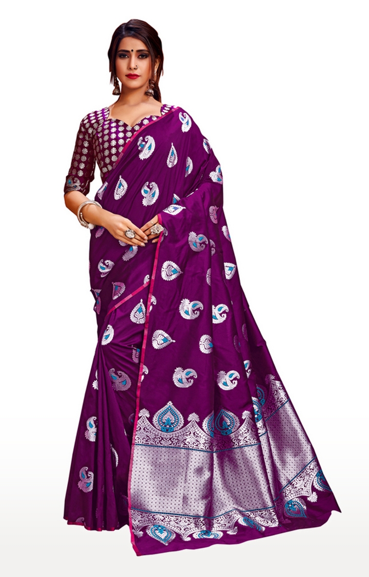 Glemora | Glemora Purple Lichi Silk Rajashree Saree With Unstitched Blouse 0