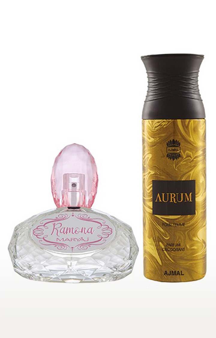 Maryaj Ramona Eau De Parfum Perfume 100ml for Women and Ajmal Aurum Femme Deodorant Fruity Fragrance 200ml for Women