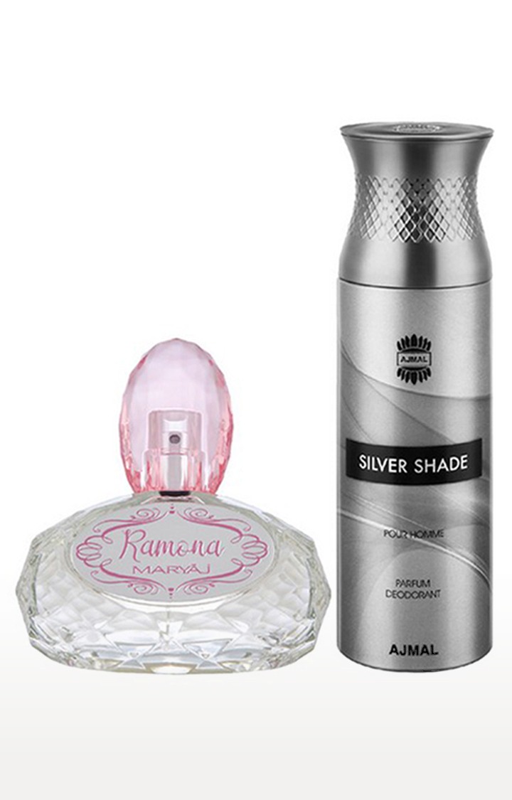 Maryaj Ramona Eau De Parfum Perfume 100ml for Women and Ajmal Silver Shade Homme Deodorant Fragrance 200ml for Men