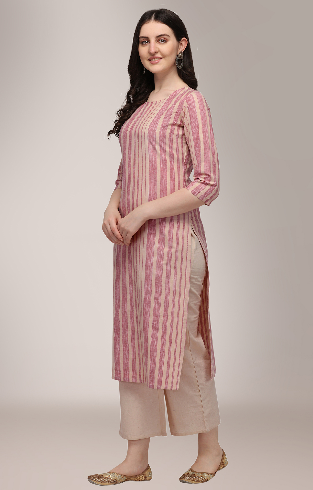 Women Casual Pink Striped Print Cotton Kurta - SNJH_HRK005PNK