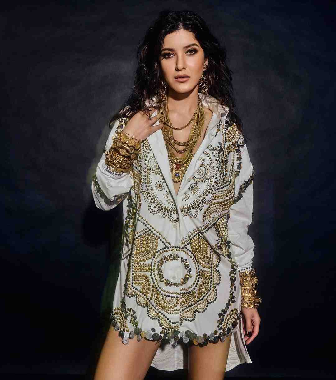 Luxurious White and Gold Embellished Shirt Dress